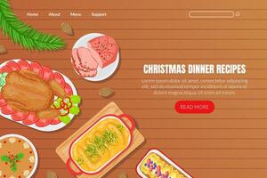 Christmas Dinner Recipes Landing Page Template, Festive Table with Traditional Festive Dishes on Wooden Table, Top View Flat Illustration vector