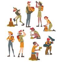 Forest Rangers at Working Set, National Park Service Employee Characters in Uniform Cartoon Style Illustration vector