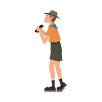 Man Forest Ranger Looking Through Binoculars, National Park Service Employee Character in Uniform Cartoon Style Illustration vector