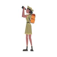 Girl Forest Ranger with Backpack Looking Through Binoculars, National Park Service Employee Character in Uniform Cartoon Style Illustration vector