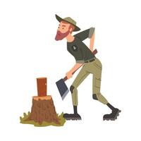 Man Forest Ranger Chopping Wood with Axe, National Park Service Employee Character Working in Forest Cartoon Style Illustration vector