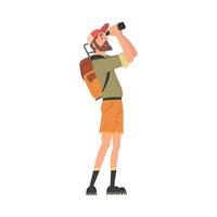 Man Forest Ranger with Backpack Looking Through Binoculars, National Park Service Employee Character in Uniform Cartoon Style Illustration vector