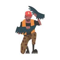 Man Forest Ranger Holds Bird Wings in his Hands, National Park Service Employee Character in Uniform Cartoon Style Illustration vector