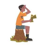 Man Forest Ranger Sitting on Stump with Map, National Park Service Employee Character in Uniform Cartoon Style Illustration vector