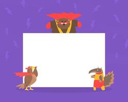 Cute Superhero Animals with Blank Banner, Eagle, Bear and Badger in Capes and Masks Standing Next to the Blank Signboard Cartoon Illustration vector