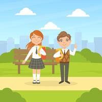 Back to School, Cute Smiling Elementary School Students in Uniform Standing in front of Bench in Park Cartoon Illustration vector