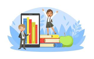 Back to School, Tiny Cute Elementary School Boy Student in Uniform Standing in front of Tablet with Bookshelf on Screen Smiling Girl Standing on Pile of Books Cartoon Illustration vector