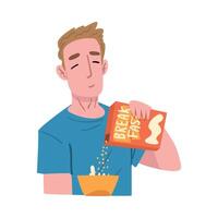 Guy Having Breakfast at Kitchen Table, People Activity Daily Routine Cartoon Style Illustration on White Background vector