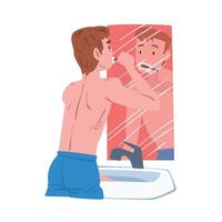 Man Standing in front of Mirror and Brushing his Teeth in Bathroom, People Activity Daily Routine Cartoon Style Illustration on White Background vector