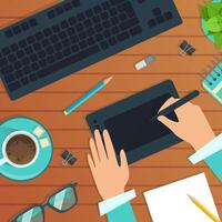 Top View of Modern Workplace, Wooden Desk with Hands Working with Digital Tablet, Keyboard, Notepad and Coffee Cup Flat Illustration vector