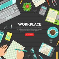 Workplace Landing Page Template, Top View of Desk with Laptop, Folder with Documents, Notepad, Smartphone, Tablet, Calculator and Coffee Cup Flat Illustration vector