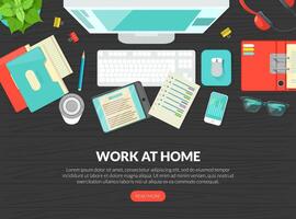Work at Home Landing Page Template, Top View of Workplace with Computer, Folder with Documents, Notepad, Tablet and Glasses Flat Illustration vector