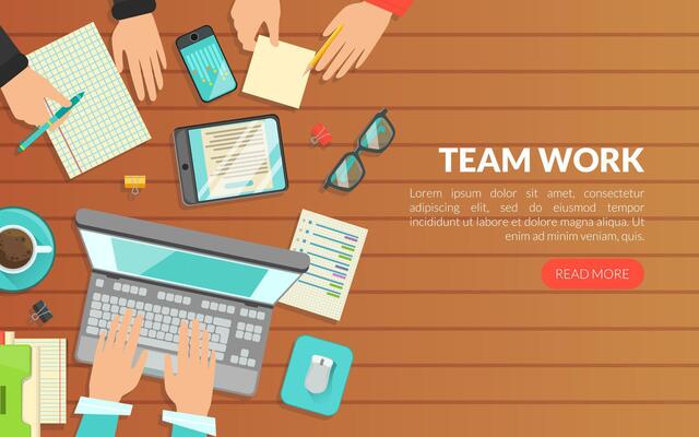 Team Work, Top View of Workplace and Working People, Brainstorming, Meeting, Conference Homepage, Website Flat Illustration