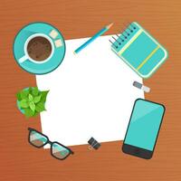 Top View of Modern Workplace, Wooden Desk with Smartphone, Notepad, Blank Sheet of Paper and Coffee Cup Flat Illustration vector