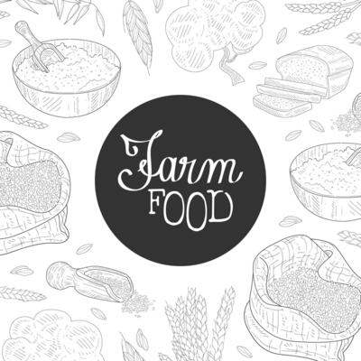 Farm Food Banner Template, Organic Agricultural Plants and Baked Products Hand Drawn Pattern, Bakeshop, Cafe, Packaging, Menu Design Illustration