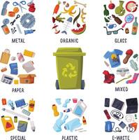 Waste Sorting, Different Types of Garbage, Paper, Plastics, Metal, Glass, Organic, E-Waste, Segregation and Separation Rubbish Disposal Refuse Bins Illustration vector