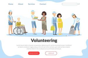 Volunteering Landing Page Template, People Taking Part in Volunteer Organization or Movement, Helping Elderly and Needy, Cleaning Garbage Illustration vector