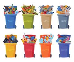 Waste Sorting, Set of Trash Cans with Sorted Garbage, Segregation and Separation Rubbish Disposal Refuse Bins Illustratio vector