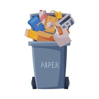 Waste Sorting, Gray Trash Can with Sorted Paper Garbage, Segregation and Separation Rubbish Disposal Refuse Bin Illustration vector