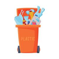 Waste Sorting, Orange Trash Can with Sorted Plastic Garbage, Segregation and Separation Rubbish Disposal Refuse Bin Illustration vector