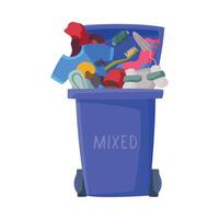 Blue Trash Can with Mixed Garbage, Segregation and Separation Rubbish Disposal Refuse Bin Illustration vector