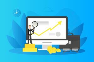 Tiny Successful Businessman with Magnifying Glass Looking at Graph on Computer Screen, Business Character Increasing of Online Profit Sales Illustration vector