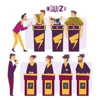 People Playing on Quiz Show Set, Participants Answering Questions on Television Intellectual Game, Presenter Asking Questions Cartoon Style Illustration vector