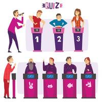 People Playing on Quiz Show Set, Participants Answering Questions on Television Conundrum Game, Presenter Asking Questions Cartoon Style Illustration vector