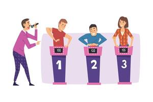 People Playing on Quiz Show, Presenter Asking and Participants Answering Questions on Television Conundrum Game Cartoon Style Illustration vector