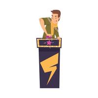 Man Guessing Questions on Quiz Show, Guy Pressing Button on Television Conundrum Game Cartoon Style Illustration vector