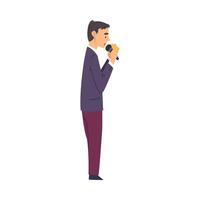 Male Presenter, TV Show Host with Microphone on Stage, Side View Cartoon Style Illustration on White Background vector