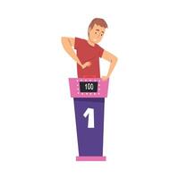 Man Guessing Question and Pressing Button on Quiz Show, Guy Playing on Television Conundrum Game Cartoon Style Illustration vector