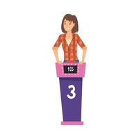 Smiling Woman Guessing Questions on Quiz Show, Girl Pressing Button and Answering Question on Television Conundrum Game Cartoon Style Illustration vector