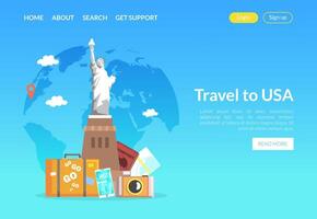Travel to Usa Landing Page Template, Website Interface with Famous Landmarks Illustration vector