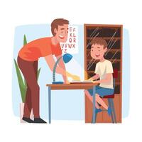 Father Teaching his Son, Parent Helping Son with Homework and Explaining Lesson in Textbook Cartoon Illustration on White Background vector