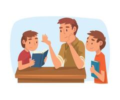 Father Teaching His Sons, Parent Helping Boys with Homework and Explaining Lesson in Textbook, Home Schooling Cartoon Illustration on White Background vector