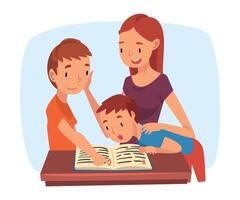 Mother Teaching Her Sons, Parent Helping Sons with Homework and Explaining Lesson in Textbook, Homeschooling Cartoon Illustration vector