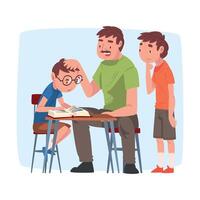 Dad Teaching his Sons, Parent Helping Children with Homework and Explaining Lesson in Textbook, Home Schooling Cartoon Illustration vector