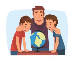 Father Teaching his Sons, Parent Helping Sons and Explaining Geography Lesson with Globe Cartoon Illustration on White Background vector