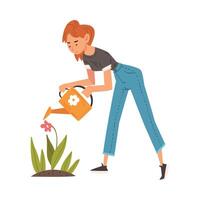 Beautiful Young Woman Watering Flowers in the Garden with Watering Can Illustration vector