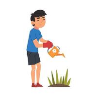 Boy in Gloves Watering Plants with Watering Can, Child Working in Garden or Farm Illustration vector