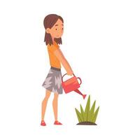 Cute Girl Watering Plants in the Garden with Watering Can Illustration vector