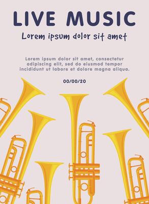Live Music Banner with Trumpets Musical Instruments, Advertisement Poster, Brochure, Flyer, Invitation Card Illustration