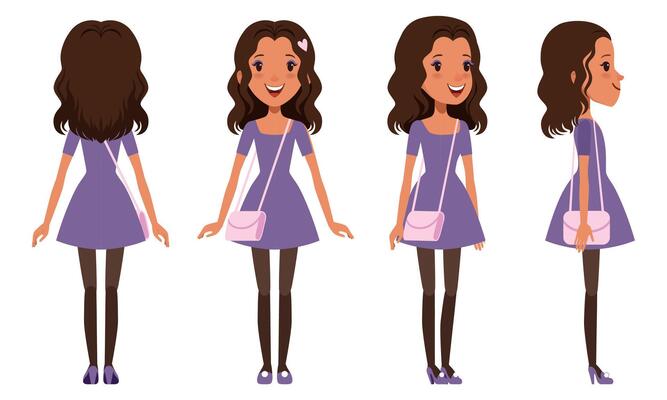 Full Length Portrait of Cute Brunette Girl Character in Fashionable Clothes from Different Sides Front, Back and Side View, Cartoon Style Illustration