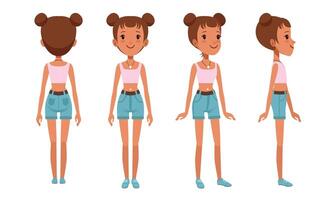 Full Length Portrait of Cheerful Girl Character in Fashionable Clothes from Different Sides Front, Back and Side View, Cartoon Style Illustration vector