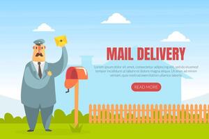 Mail Delivery Landing Page Template, Cheerful Postman Delivering Letter Web Page, Mobile App, Homepage Illustration vector