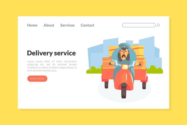 Delivery Service Landing Page Template, Funny Postman in Uniform Delivering Parcels and Letters on Motorbike Web Page, Mobile App, Homepage Illustration