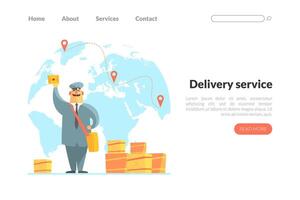 Delivery Service Landing Page Template, Cheerful Postman in Uniform Delivering Parcels Web Page, Mobile App, Homepage Illustration vector