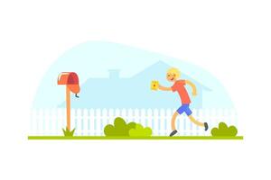 Smiling Boy with Letter Running to Mailbox Illustration vector