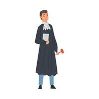 Professional Judge, Male Court Worker Character in Judicial Robe Standing with Hammer Illustration on White Background vector